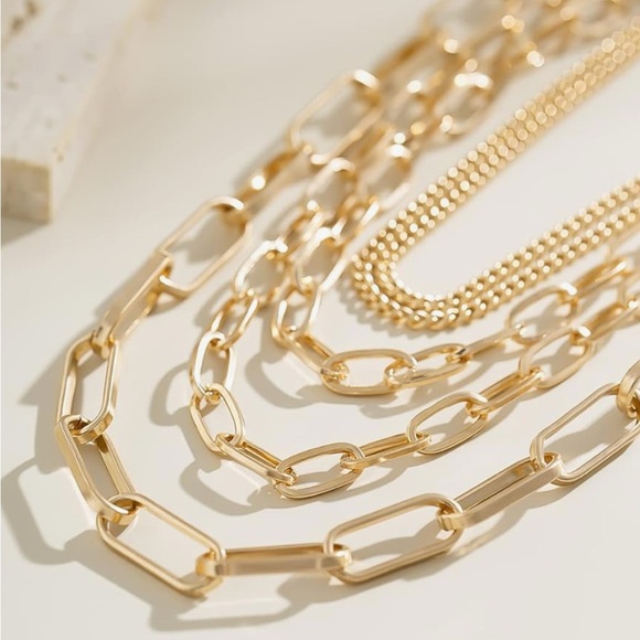 NEW! 14K Gold 5 Layered Paperclip Chains Choker Necklace Adjustable - Picture 3 of 15